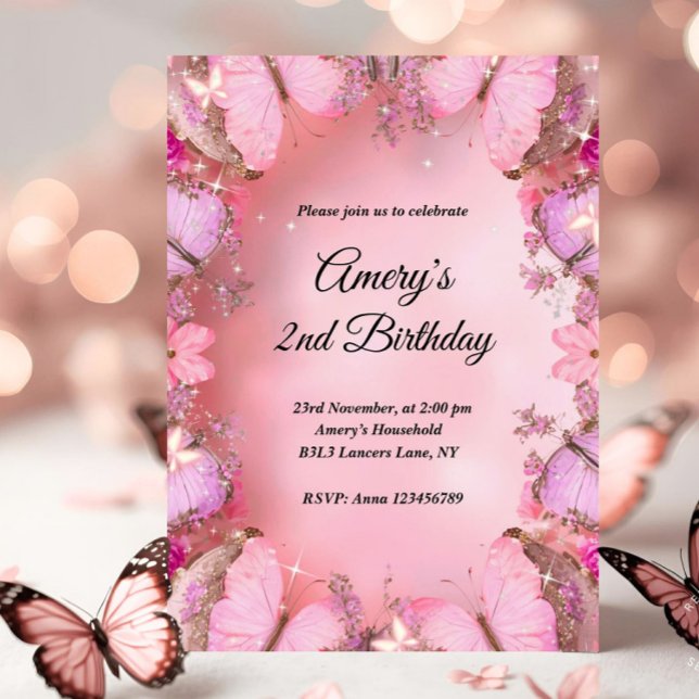 Convite Glittery Elegant Pink Purple Butterfly Birthday (butterfly birthday invitation, pink butterfly birthday, little butterfly birthday, our little butter)