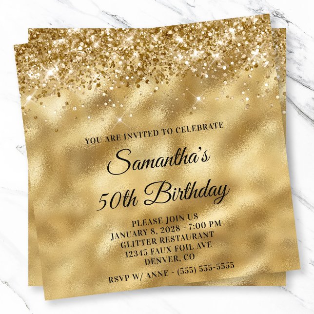 Convite Glittery Glossy Dourada Metallic Look 50th Birthda (Glittery Glossy Gold Metallic Look 50th Birthday Invitation)
