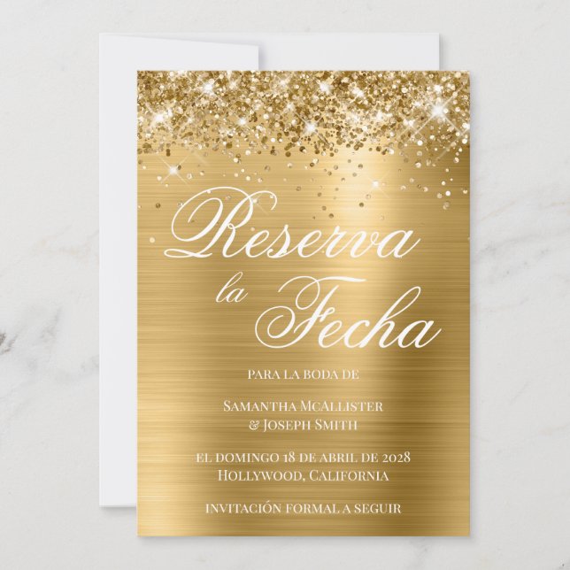 Convite Glittery Gold Foil Foto Reserva La Fecha (Frente)