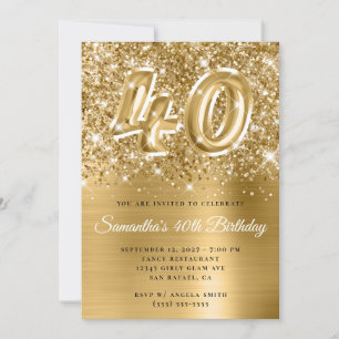 Convite Glittery Gold Glam Número 40 Aniversário