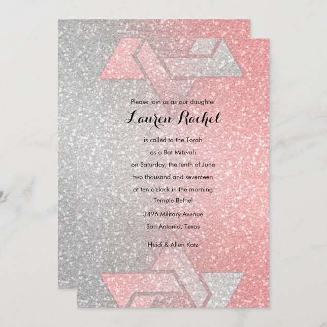 Convite Glittery Gradient Bat Mitzvah Coral (Frente/Verso)