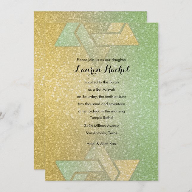 Convite Glittery Gradient Bat Mitzvah Mint (Frente/Verso)