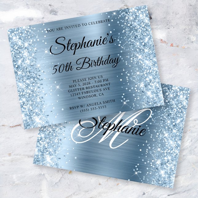 Convite Glittery Light Blue Foil Monograma 50th Aniversári (Horizontal 5x7 Invite)