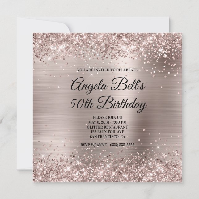Convite Glittery Pink Champagne Faux Foil 50th Birthday (Frente)