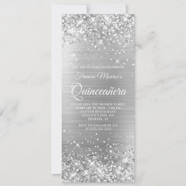Convite Glittery Prata Folha 15 Quinceañera (Frente)