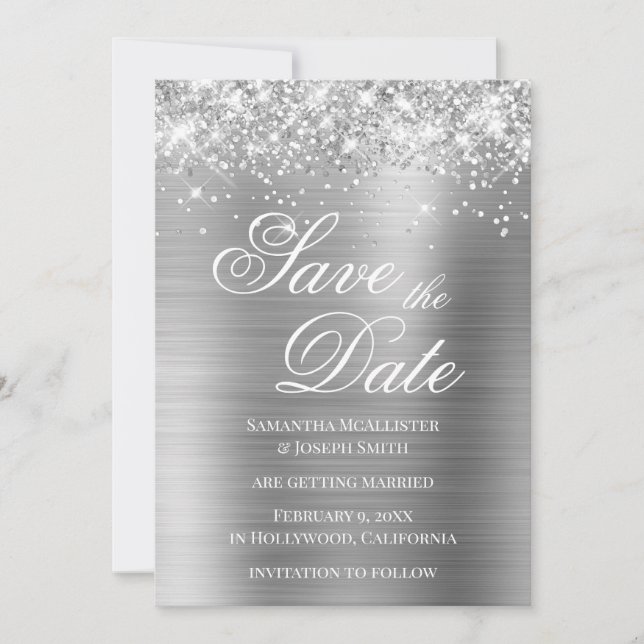 Convite Glittery Prata Folha Save the Date (Frente)