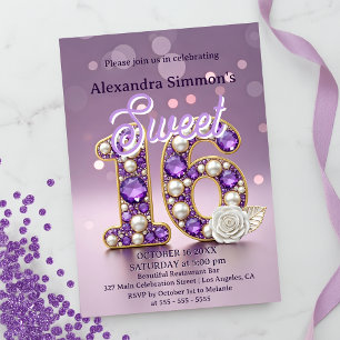 Convite Glittery Purple Gemstone & Pearl Sweet 16 Birthday