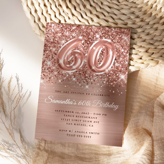 Convite Glittery Rosa Dourado Glam Número 60º Aniversário (60th Birthday Rose Gold Glam Invite)