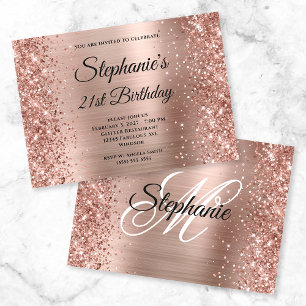 Convite Glittery Rose Gold Fancy Monograma Aniversário de