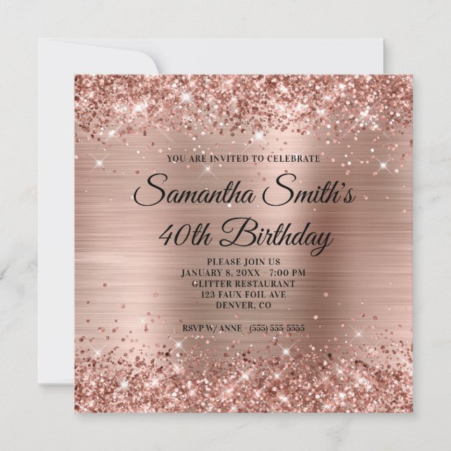 Convite Glittery Rose Gold Foil 40º Aniversário (Frente)