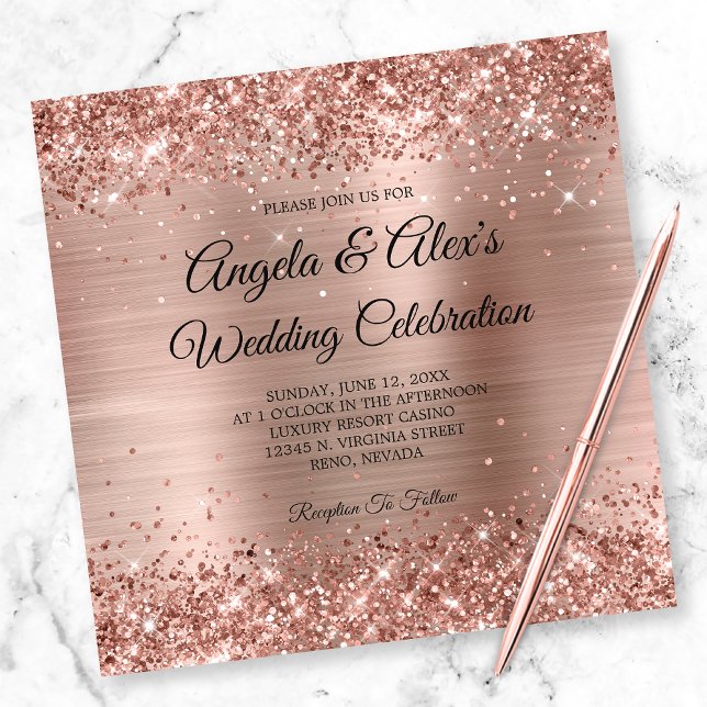 Convite Glittery Rose Gold Foil Elegant Wedding (Criador carregado)