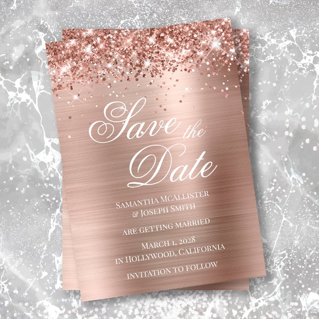 Convite Glittery Rose Gold Foil Foto Salve a Data (Criador carregado)