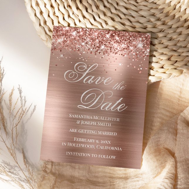 Convite Glittery Rose Gold Foil Save the Date (Rose Gold Glitter Modern Save the Date)