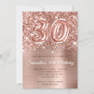 Convite Glittery Rose Gold Glam Número de 30º Aniversário