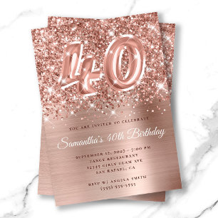 Convite Glittery Rose Gold Glam Número de 40º Aniversário