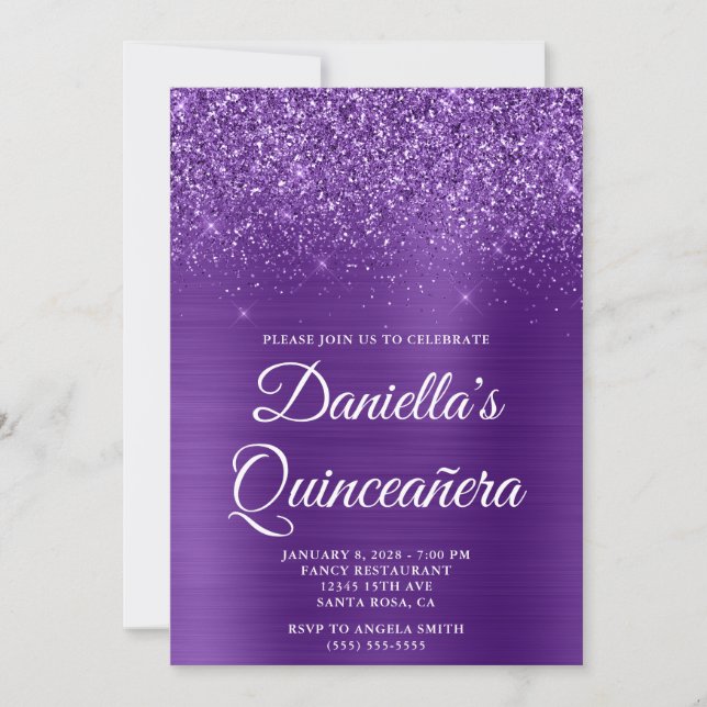 Convite Glittery Royal Purple Foil Quinceañera (Frente)