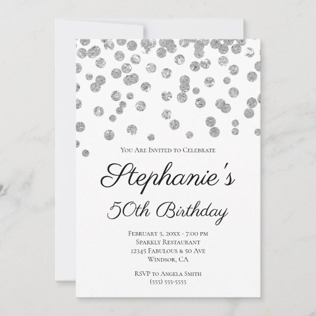 Convite Glittery Silver Confetti Elegant 50th Birthday (Frente)
