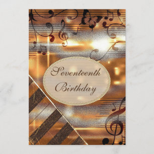Convite Glittery Silver & Dourado Music Notes 17th Birthda