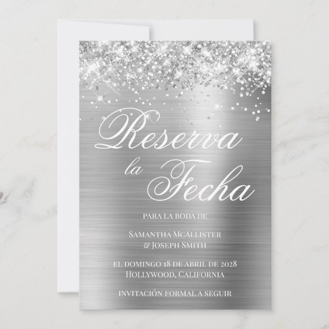 Convite Glittery Silver Foil Reserva La Fecha (Frente)