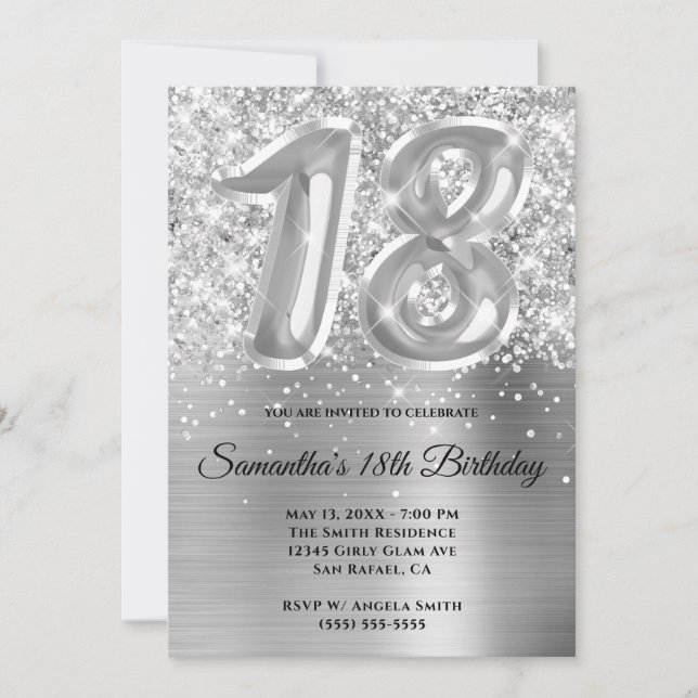 Convite Glittery Silver Glam 18º Aniversário (Frente)