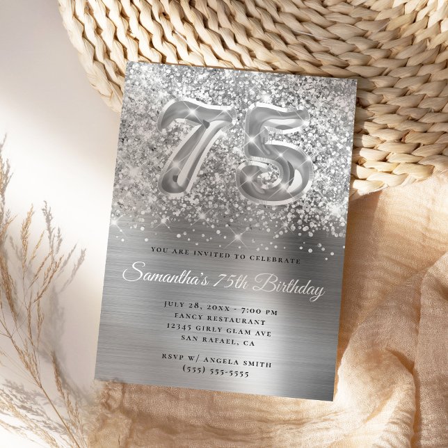 Convite Glittery Silver Glam 75º Aniversário (Create your own silvery 75th milestone birthday invite.)
