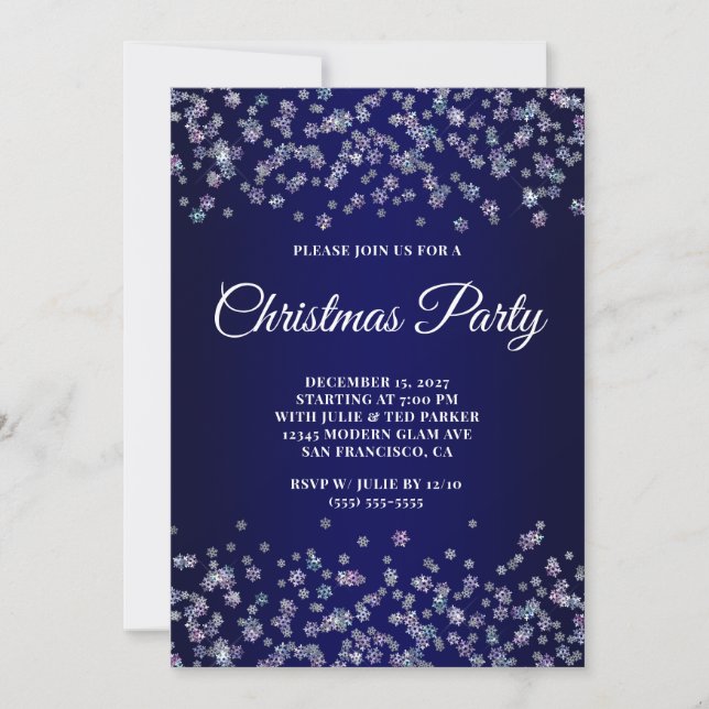 Convite Glittery Snowflakes Navy Ombre Christmas Party (Frente)