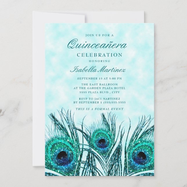 Convite Glittery Teal Blue Peacock Feather Quinceañera (Frente)
