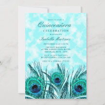 Glittery Teal Blue Peacock Feather Quinceañera