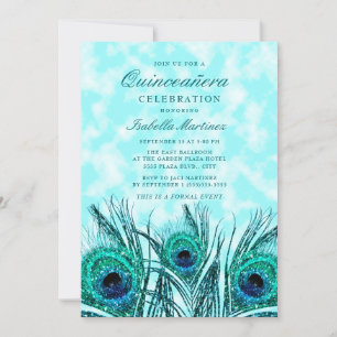 Convite Glittery Teal Blue Peacock Feather Quinceañera
