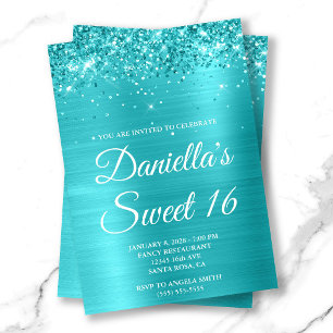 Convite Glittery Turquoise Blue Metallic Sweet 16