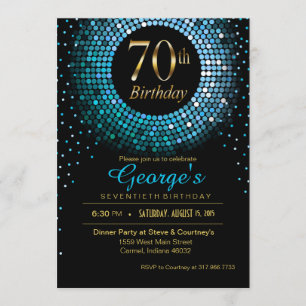 Convite Glitz Bling Confetti 70 Aniversário de ouro azul p