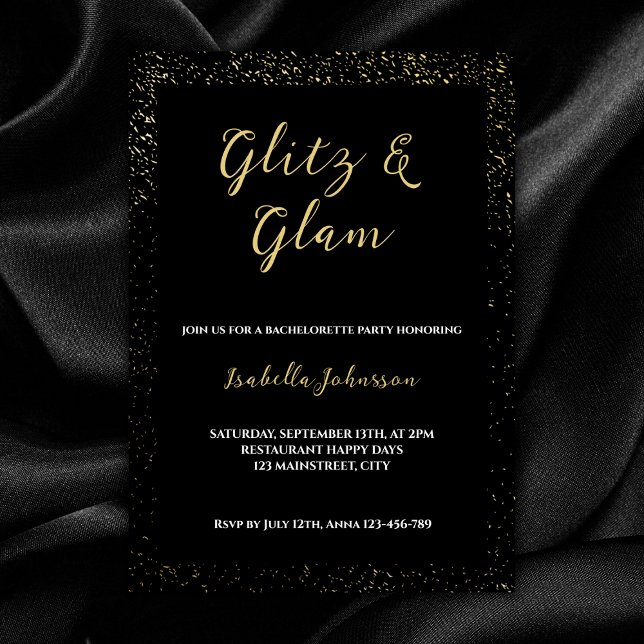 Convite Glitz & Glam Black Glitter Festa de solteira (glitz and glam bachelorette party invitation glitter glamour black golden)