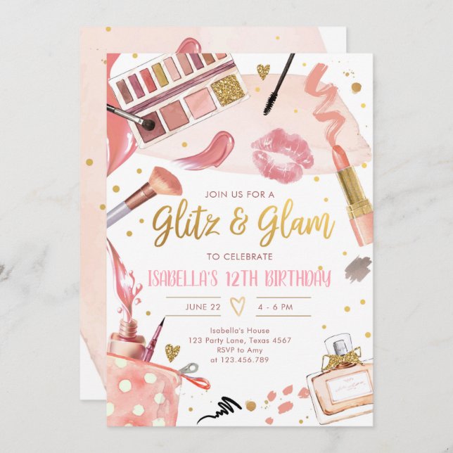 Convite Glitz Glam Glamor Spa Party Makeday (Frente/Verso)