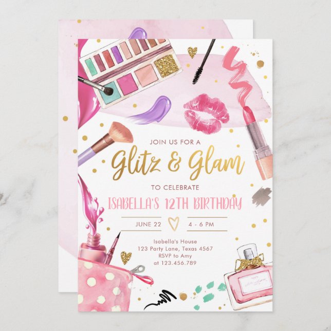 Convite Glitz Glam Glamor Spa Party Makeday  (Frente/Verso)