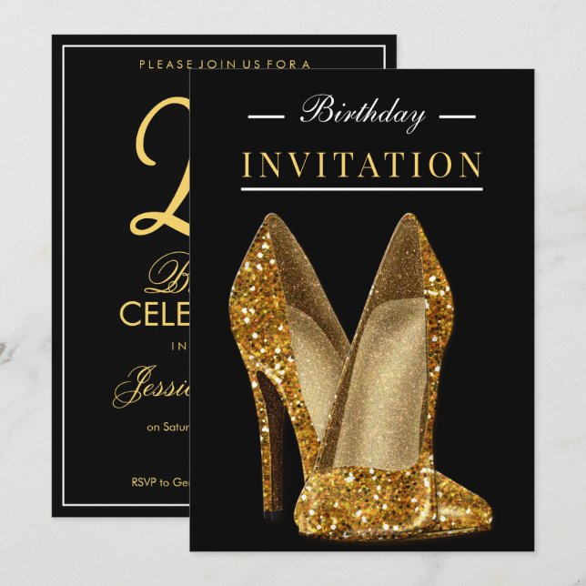 Convite Glitz & Glamour Gold 25º Aniversário (Frente/Verso)