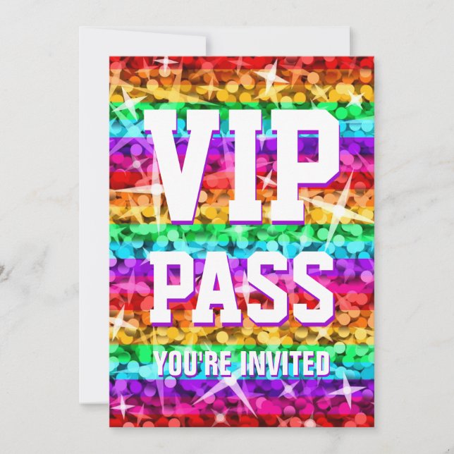 Convite Glitz Rainbow Stripe 'VIP PASS' (Frente)