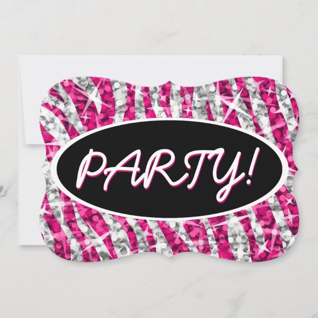 Convite Glitz Zebra Pink 'Party!' - Parêntese oval preto (Frente)