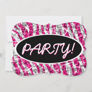 Convite Glitz Zebra Pink 'Party!' - Parêntese oval preto