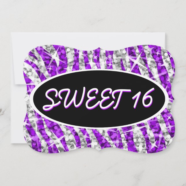 Convite Glitz Zebra Púrpura 'Sweet 16' - Parêntese oval pr (Frente)