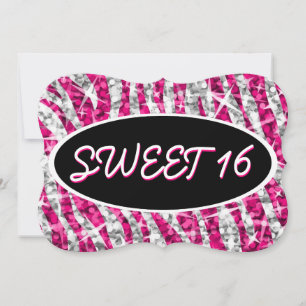 Convite Glitz Zebra Rosa 'Sweet 16' suporte oval preto