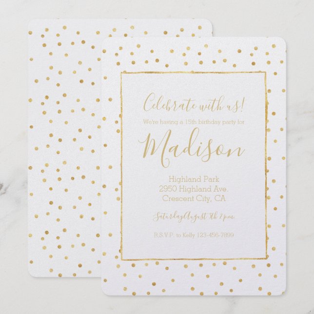 Convite Glitzy Dourado Confetti Birthday (Frente/Verso)