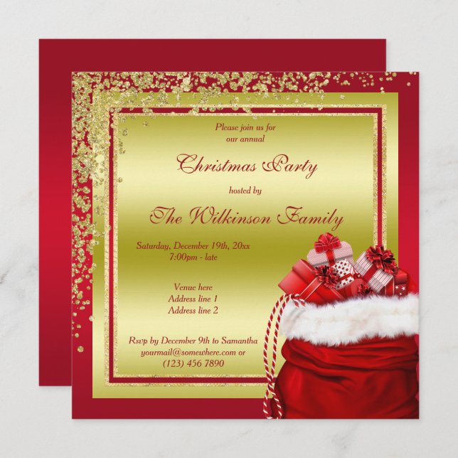 Convite Glitzy Dourado Confetti e presentes de Papais noei (Frente/Verso)