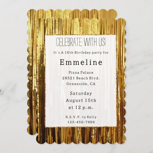 Convite Glitzy Dourado Sparkle Strikle (Frente/Verso)