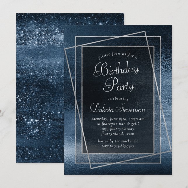 Convite Glitzy Foil | Aniversário do Sparkle marinho Blue  (Frente/Verso)