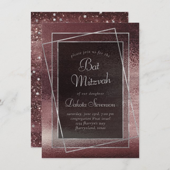 Convite Glitzy Foil | Bar Blush Dourado Bat Mitzvah (Frente/Verso)