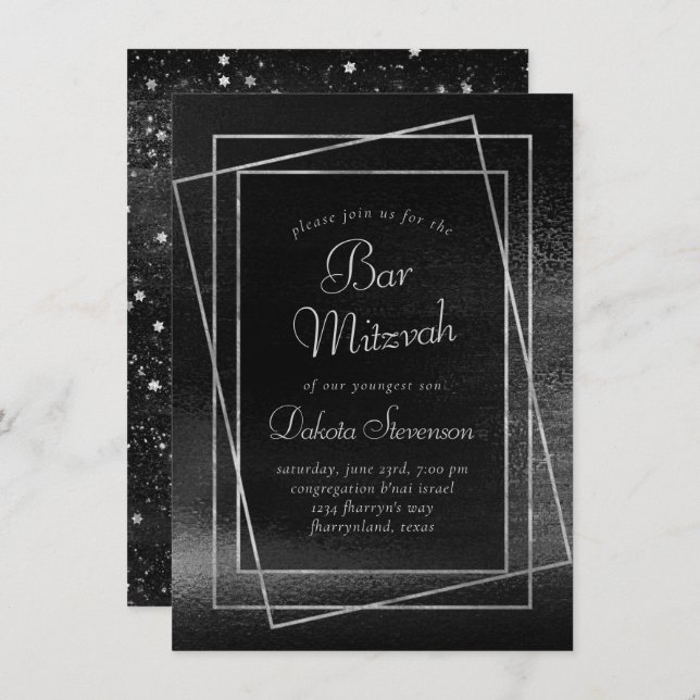Convite Glitzy Foil | Bar de prata de platina ou Bat Mitzv (Frente/Verso)