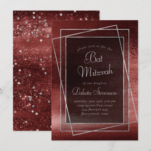 Convite Glitzy Foil | Bar Vermelho Henna Crimson ou Bat Mi (Frente/Verso)