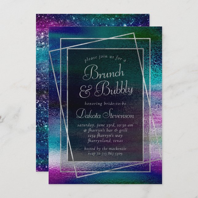 Convite Glitzy Foil | Brunch de Champanhe Escuro Holográfi (Frente/Verso)