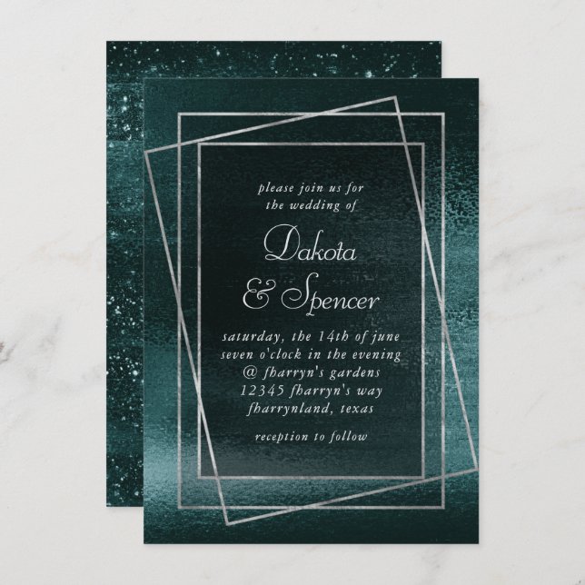 Convite Glitzy Foil | Casamento Metálico Shamrock Green Fa (Frente/Verso)