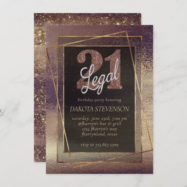 Convite Glitzy Foil | Cobre 21 de bronze de Ouro e Legais (Frente/Verso)